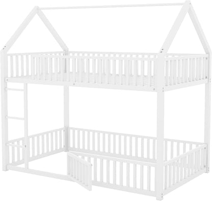 RuiSiSi Metal Bunk Bed Twin Over Twin, Floor House Bunk Bed with Safety Guardrails and Roof for Kids Teens, Twin Bunk Beds for Bedroom, No Box Spring Needed, White
