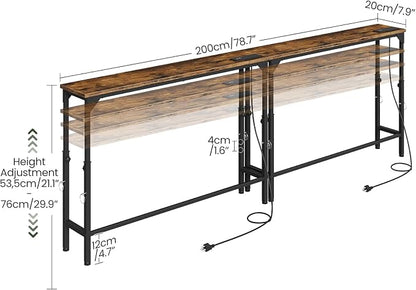 CHOEZON 78.7" Narrow Console Table with Adjustable Height (21.1"-29.9"), Set of 2, Behind Couch Table, Entryway Table with Power Outlet, Sofa Table for Entryway, Rustic Brown and Black TXG11UP2BF
