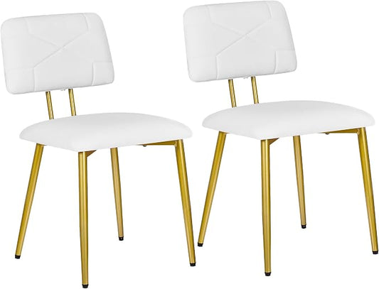 VECELO Dining Chairs Set of 2, Modern Upholstered Kitchen Chairs with Faux Leather Cushion Seat & Metal Legs for Kitchen, Living Room, Tufted Backrest Design, White
