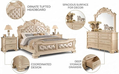 First of a Kind Victoria Off White Traditional 4 Piece Queen Bedroom Set with Upholstered Tufted Headboard Elegant European Inspired Design Coordinated Furniture Collection