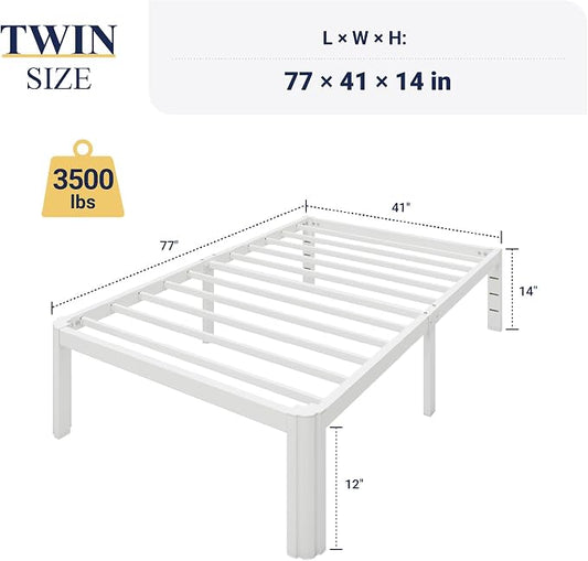 Allewie Metal Twin Bed Frame, 14 Inch 3500LBS Heavy Duty Platform Bed with Rounded Corner & Under Bed Storage, No Box Spring Needed, Noise Free, Easy Assembly, White