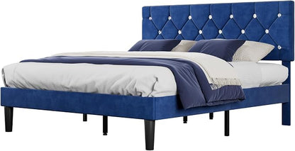 VECELO Queen Size Bed Frame, Upholstered Platform with Adjustable Diamond Tufted Headboard, Wood Slat Support, No Box Spring Needed, Navy Blue