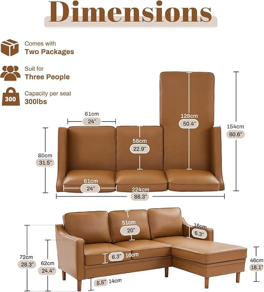 Kingfun 88" L-Shape Sofa, Faux Leather Sectional Couch, Mid Century Modern Couches with Solid Wood Frame for Living Room Bedroom