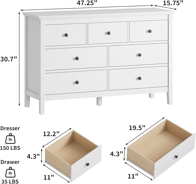 CARPETNAL White Dresser for Bedroom, 7 Drawer Dresser with Wide Drawers and Metal Handles, Wood Dressers & Chests of Drawers for Hallyway, Entryway
