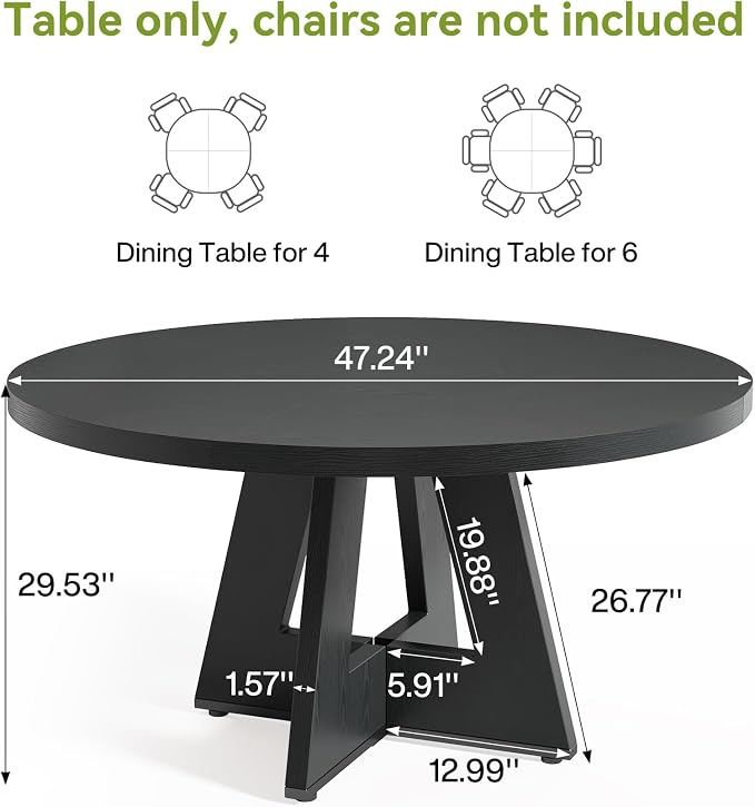 LITTLE TREE Round Dining Table for 4-6 People, 47 Inches Dining Room Table with Wooden Pedestal Base, Black Dinner Tables, Circle Kitchen Tables for Dining Room, Kitchen, Living Room