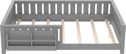 Bellemave Gray Natural Montessori Floor Bed with Fence and Slats, Queen Size Montessori Floor Bed with Bookcase and High Rails, Easy Assemble Bed Frame for Girls, Boys, Queen