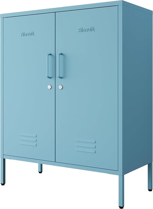 Blue 3 Tier Metal Storage Cabinet with Legs, Lockable 2 Door Metal Locker, Heavy Duty Multipurpose Accent Storage Cabinet with 2 Adjustable Shelves for Home, Office, Entryway and Hallway