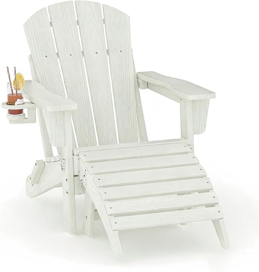 Folding Adirondack Chair Set of 2 with Ottoman, All-Weather HDPE Outdoor Chair, Wooden Textured with Cup Holder for patios, Decks, Gardens, fire pits, White