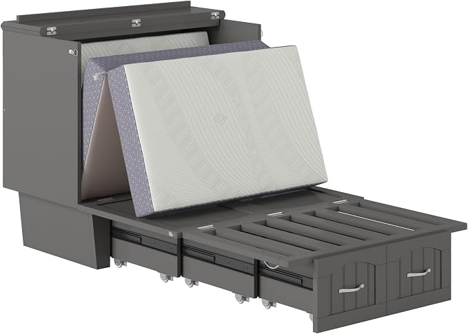 AFI, Nantucket Twin Murphy Bed Chest with Mattress, Storage Drawer and Built-In USB Charger, Grey