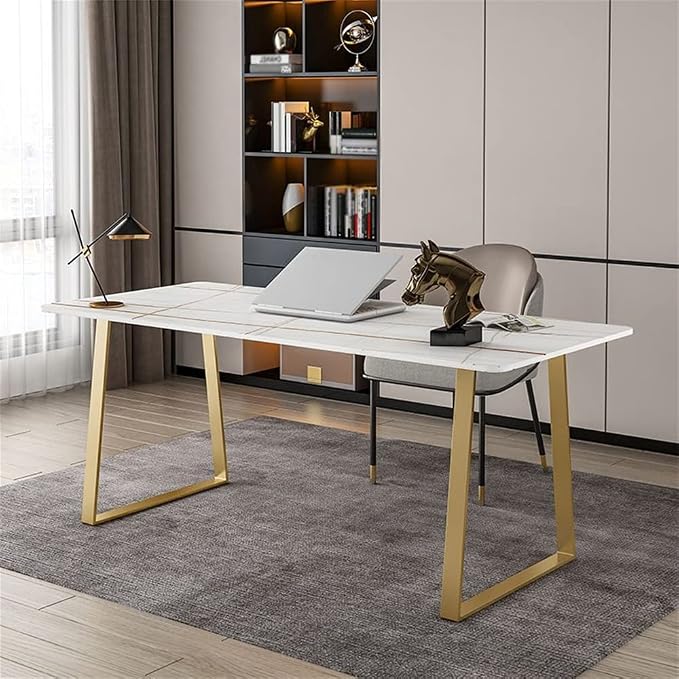 LAKIQ Modern Stone Writing Desk Home Office Working Table Desktop Computer Desk Home Writing Table-Table Only(Black-Gold,63" L x 31.5" W x 29.5" H)