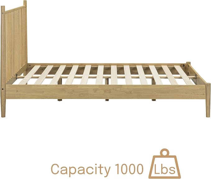 NTC Inno Wooden Bed Frame with Headboard, Solid Oak and Rubber Wood Foundation with Silent Slats and Wood Central Supports, 1000 Lb Capacity, Effortless Assembly, King - Sand