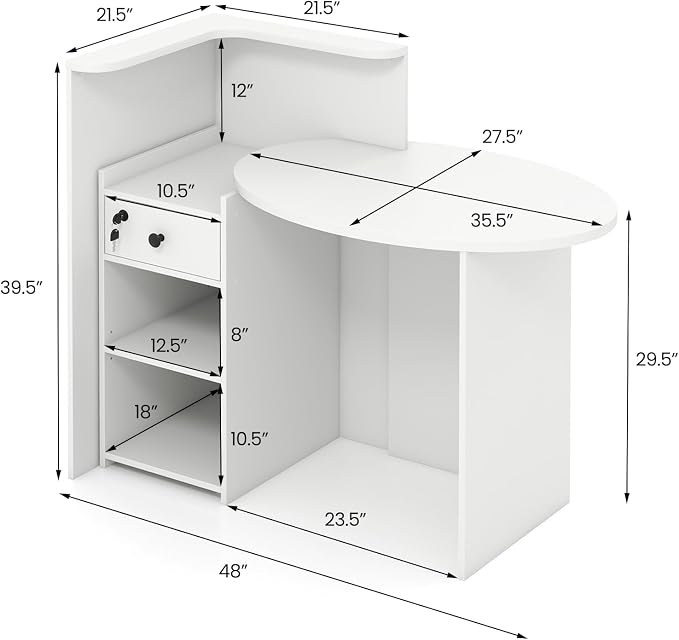 Reception Desk, Retail Checkout Counter w/Lockable Drawer & Open Shelves, Computer Workstation, Small Front Desk Reception Counter for Company Lobby Store Salon Office (White)