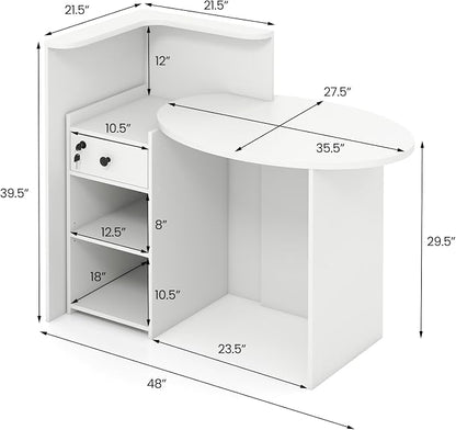 Reception Desk, Retail Checkout Counter w/Lockable Drawer & Open Shelves, Computer Workstation, Small Front Desk Reception Counter for Company Lobby Store Salon Office (White)