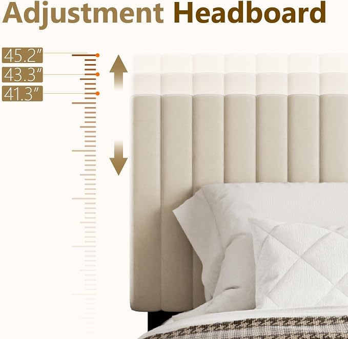 Sismplly Full Size Bed Frame with Velvet Upholstered Headboard, Platform Bed with Strong Wood Slats, Mattress Foundation, Box Spring Optional, Easy Assembly, Beige