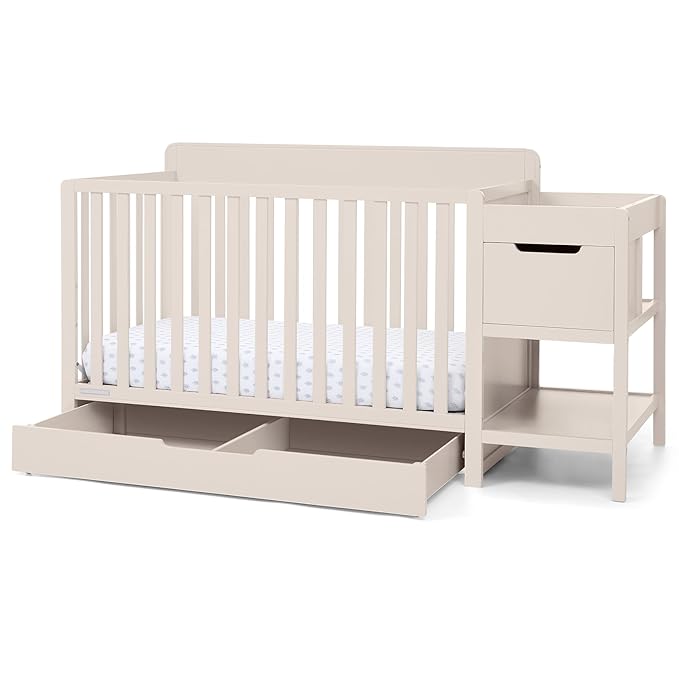 Delta Children Maya 5-in-1 Convertible Crib and Changer with Storage, Converts to Toddler Bed, Daybed, Sofa & Full Bed, Greenguard Gold Certified, 3 Mattress Heights for Baby, Soft Beige