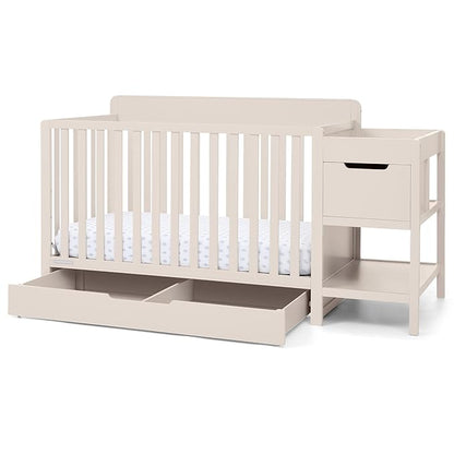 Delta Children Maya 5-in-1 Convertible Crib and Changer with Storage, Converts to Toddler Bed, Daybed, Sofa & Full Bed, Greenguard Gold Certified, 3 Mattress Heights for Baby, Soft Beige