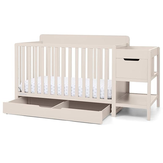 Delta Children Maya 5-in-1 Convertible Crib and Changer with Storage, Converts to Toddler Bed, Daybed, Sofa & Full Bed, Greenguard Gold Certified, 3 Mattress Heights for Baby, Soft Beige