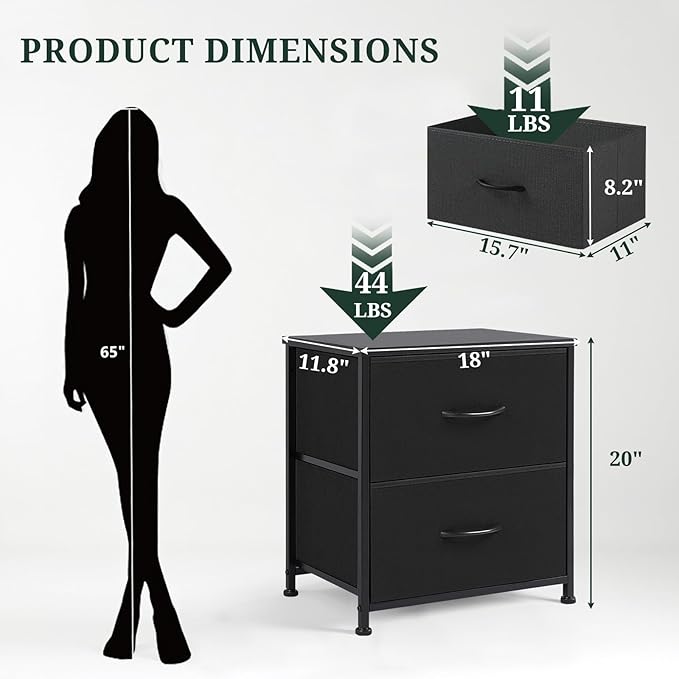 Nightstand Set of 2 Upgraded, Small 2 Drawer Dresser End Table Bedside Furniture, Wooden Top Fabric Bins for Bedroom, Closet, Entryway, Dorm, 11.8" D x 18" W x 20", Black