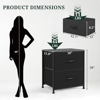 Nightstand Set of 2 Upgraded, Small 2 Drawer Dresser End Table Bedside Furniture, Wooden Top Fabric Bins for Bedroom, Closet, Entryway, Dorm, 11.8" D x 18" W x 20", Black