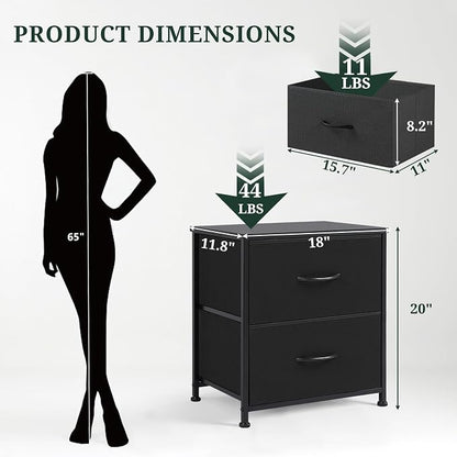Nightstand Upgraded, Small 2 Drawer Dresser End Table Bedside Furniture, Wooden Top Fabric Bins for Bedroom, Closet, Entryway, Dorm, 11.8" D x 18" W x 20", Black