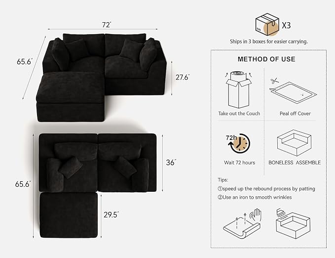 Loveseat Sofa with Ottoman | 72 Inch Modern Boneless Couch for Small Spaces | 2 Seater Small Sofa for Apartment Bedroom Living Room | BlackLove Seat