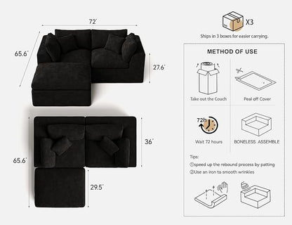 Loveseat Sofa with Ottoman | 72 Inch Modern Boneless Couch for Small Spaces | 2 Seater Small Sofa for Apartment Bedroom Living Room | BlackLove Seat