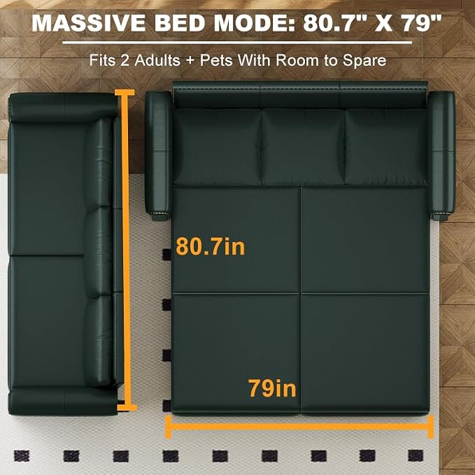 93.7" King Size Sleeper Sofa Bed, Pull Out Sofa Bed, Faux Leather Upholstery, 3 in 1 Convertible Sleeper Couch, Chaise Lounge, Retro Recliner for Living Room, Office, Apartment, Green