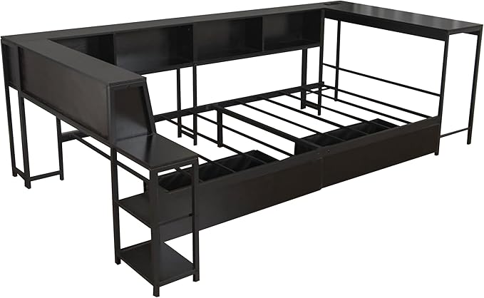 Bellemave Queen Size Corner Bed Frame with Storage Drawers, Bookcase and Side Desk, Queen Corner Bed with Light and Charging Station, Daybed for Bedroom, Living Room, Guest Room Black