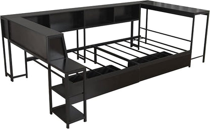 Bellemave Twin Size Corner Bed Frame with Storage Drawers, Bookcase and Side Desk, Twin Corner Bed with Light and Charging Station, Daybed for Bedroom, Living Room, Guest Room Black