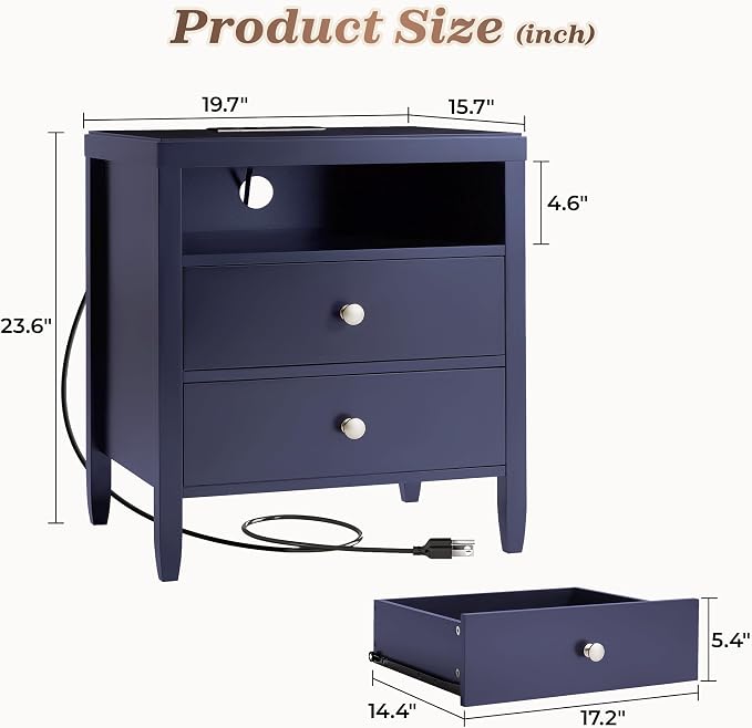 Huuger Blue Nightstand Set of 2, Night Stand with Charger Station, Bedside Table with 2 Drawers, Bed Side Tables for Bedroom, Modern Nightstands, Metal Knobs, Painted Surface