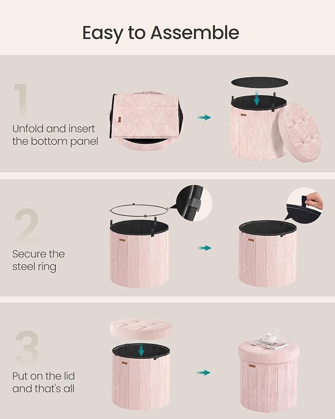SONGMICS Mazie Collection - Round Storage Ottoman, Folding Footrest Stool with Removable Lid, Easy Assembly, PU Leather Vanity Stool for Bedroom, Living Room, Entryway, Jelly Pink ULSF609SA01