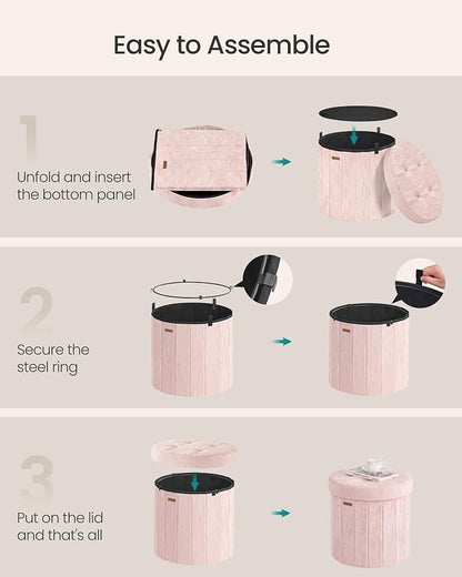 SONGMICS Mazie Collection - Round Storage Ottoman, Folding Footrest Stool with Removable Lid, Easy Assembly, PU Leather Vanity Stool for Bedroom, Living Room, Entryway, Jelly Pink ULSF609SA01