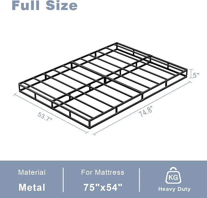 Tyndall 5 Inch Box Spring Full Size Bed Base, Low Profile Heavy Duty Metal Mattress Foundation with Fabric Bed Cover, Non-Slip, No Noise, Easy Assembly, Black