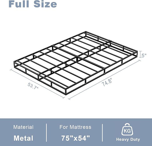 Tyndall 5 Inch Box Spring Full Size Bed Base, Low Profile Heavy Duty Metal Mattress Foundation with Fabric Bed Cover, Non-Slip, No Noise, Easy Assembly, Black