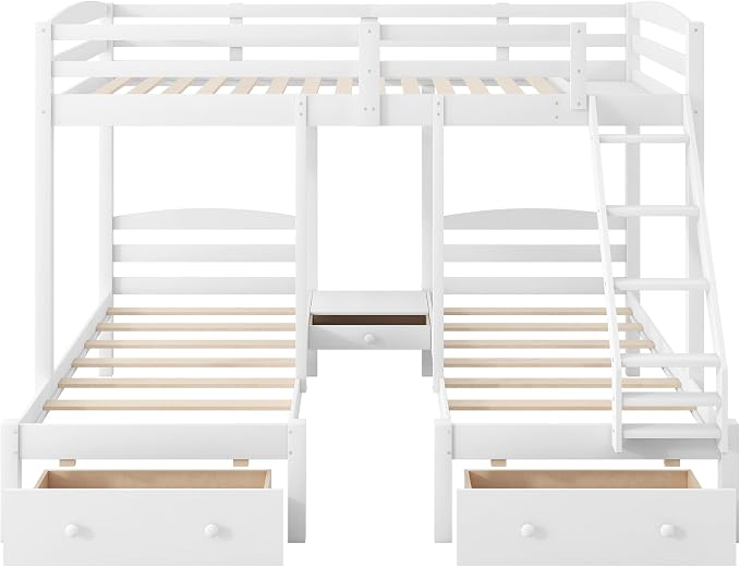 VilroCaz Wood Bed Bunk Bed with 2 Storage Drawers for 3, Full Over Twin & Twin Bunk Bed Frame with Built-in Middle Drawer, Guardrail and Ladder for Kids Teens Adults, Maximized Space Design