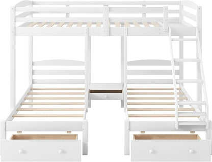 VilroCaz Wood Bed Bunk Bed with 2 Storage Drawers for 3, Full Over Twin & Twin Bunk Bed Frame with Built-in Middle Drawer, Guardrail and Ladder for Kids Teens Adults, Maximized Space Design