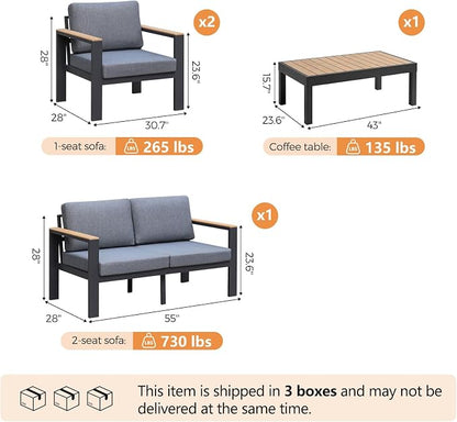 4-Piece 4-Seater Aluminum Patio Furniture Set,Outdoor Patio Table and Chairs Set with 2 Single Chairs+Loveseat+Coffee Table, 1.5mm Thick Rustproof Frame, Waterproof Washable Cushions for Porch Deck