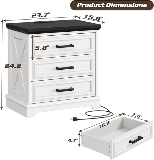 knoworld 24 Inch Wide Farmhouse Nightstands with Charging Station, White Nightstand with 3 Large Drawers, Rustic Wood End Table for Bedroom