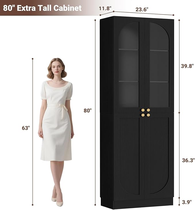 Cyclysio 80" Kitchen Pantry, Tall Arch Storage Cabinet with Tempered Glass & Soft Close Doors, Freestanding Wood Floor Cupboard Bookcase with Seamless Fit Wall for Dining Room, Living Room, Bathroom