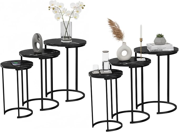 Lavish Home Nesting Tables - Set of 6 Modern Round Side Tables with Faux Marble Tops - Space Saving Accent Table Set for Living Room, Bedroom, or Home Office (Black)