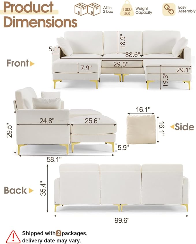 Karl home 99.6" 3-Seat U-Shaped Sectional Sofa, Creamy | Chenille Upholstered, 2 Movable Ottomans, Cloud-Like Seat, 2 Throw Pillows, Comfy Deep Seat, Living Room, Apartment, Office