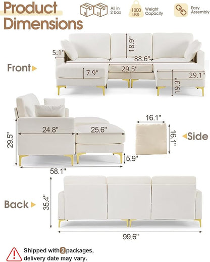 Karl home 99.6" 3-Seat U-Shaped Sectional Sofa, Creamy | Chenille Upholstered, 2 Movable Ottomans, Cloud-Like Seat, 2 Throw Pillows, Comfy Deep Seat, Living Room, Apartment, Office
