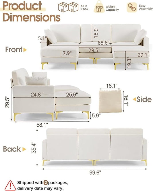 Karl home 99.6" 3-Seat U-Shaped Sectional Sofa, Creamy | Chenille Upholstered, 2 Movable Ottomans, Cloud-Like Seat, 2 Throw Pillows, Comfy Deep Seat, Living Room, Apartment, Office