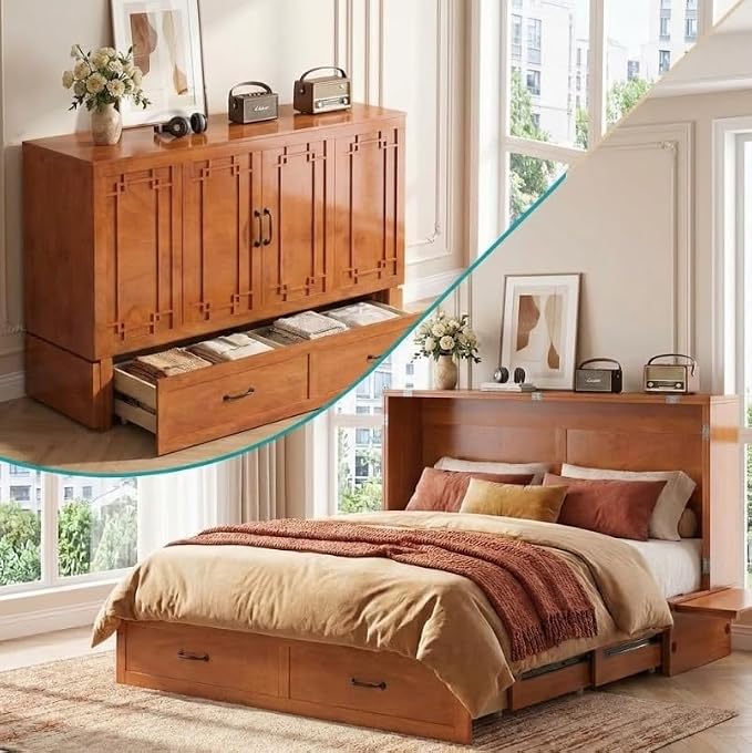PUREMIND Queen Murphy Bed, Solid Wood Multi-Functional Cabinet Bed with Storage Drawer, USB Charging Ports and Folding Tray, Space Saving Hideaway Murphy Beds Cabinet for Guest Room, No Mattress
