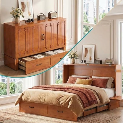 PUREMIND Queen Murphy Bed, Solid Wood Multi-Functional Cabinet Bed with Storage Drawer, USB Charging Ports and Folding Tray, Space Saving Hideaway Murphy Beds Cabinet for Guest Room, No Mattress