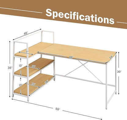 Tangkula Reversible L-Shaped Computer Desk, Space Saving Corner Desk with 3-Tier Storage Shelves & Metal Frame, Modern Executive Home Office Desk, PC Laptop Desk Workstation for Small Space (Natural)