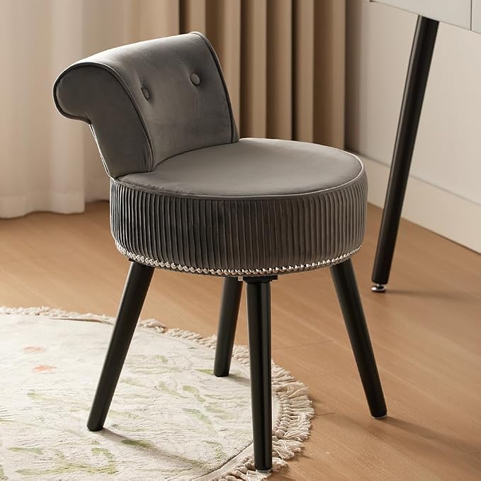 2BYFVanity Chair with Back, Velvet Stool with Low Backrest & Silvery Nailhead Trim, Round Vanity Seat for Bedroom and Bathroom Makeup, Support 220lbs, Easy Assembly (Gray)
