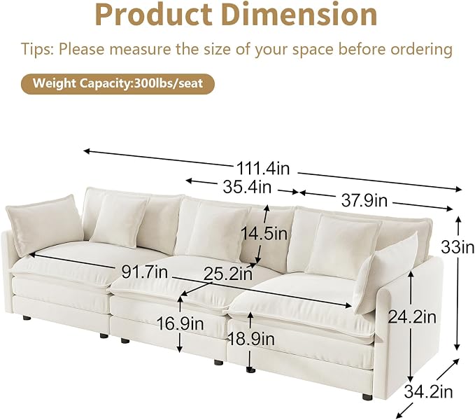 GNIXUU 111.5" Modern Cloud Sofa Couch, Upholstered Chenille 3 Seat Sofa Couch with Pillows & Armrest for Living Room, Bedroom, Deep Seat Sofa(Beige White)