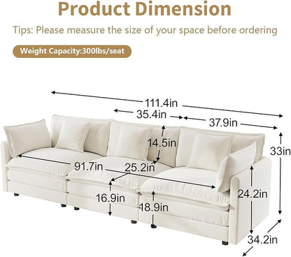 GNIXUU 111.5" Modern Cloud Sofa Couch, Upholstered Chenille 3 Seat Sofa Couch with Pillows & Armrest for Living Room, Bedroom, Deep Seat Sofa(Beige White)