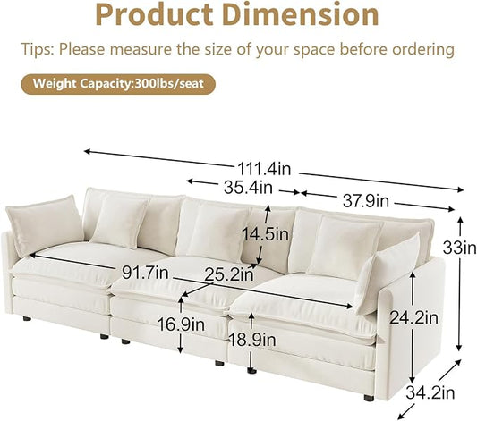 GNIXUU 111.5" Modern Cloud Sofa Couch, Upholstered Chenille 3 Seat Sofa Couch with Pillows & Armrest for Living Room, Bedroom, Deep Seat Sofa(Beige White)